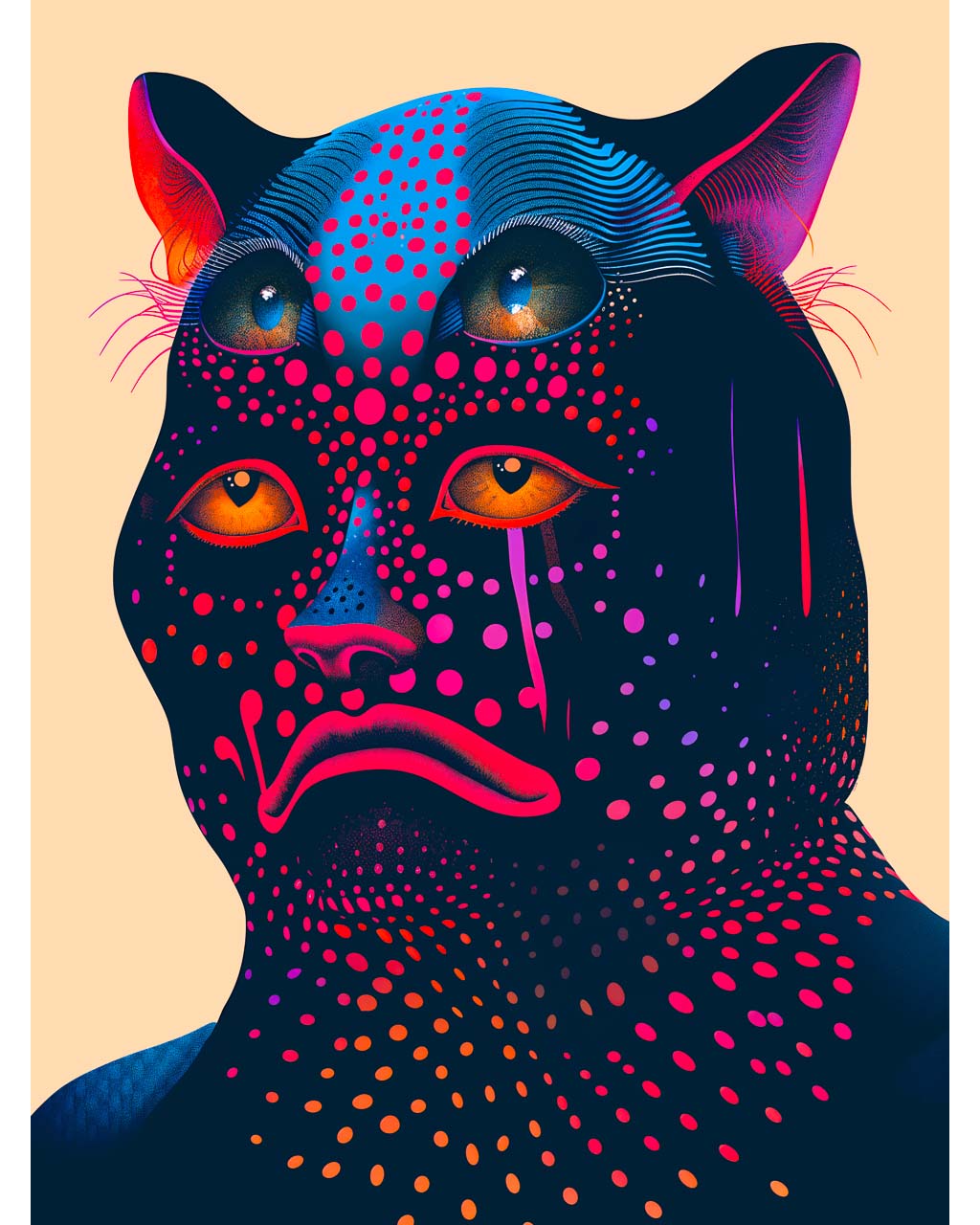 Surreal artwork of a sad multi-eyed creature, filled with vibrant dots, titled 1000 Dollar Bill.