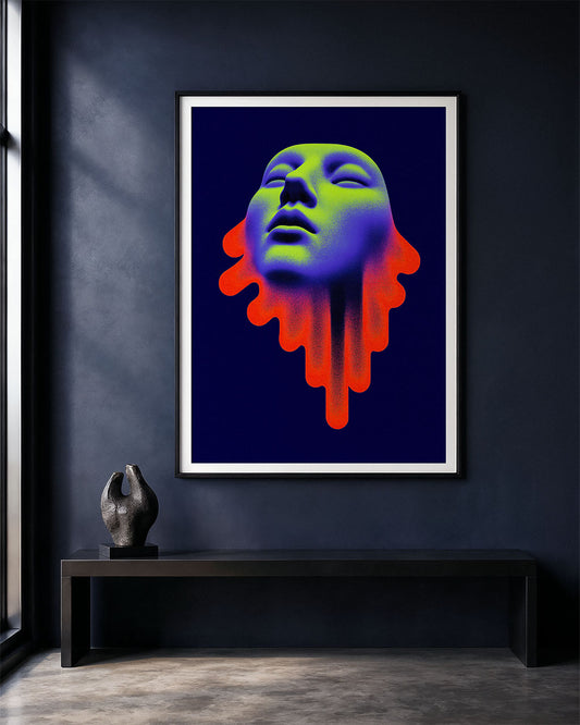Framed Acid Saint poster displayed on a dark modern wall above a black bench with a small sculpture.