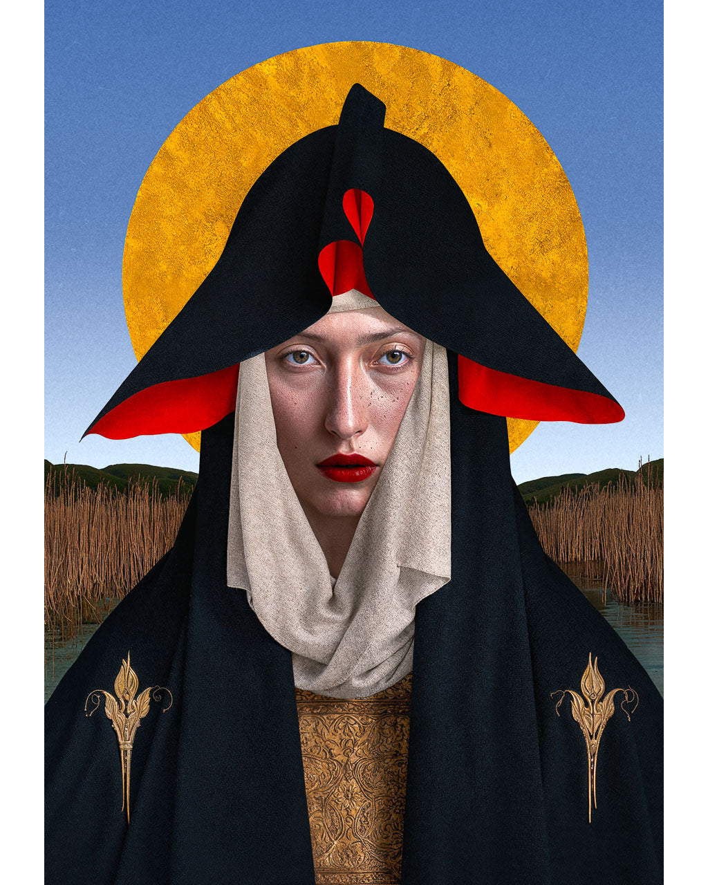 The Ash Mother surreal wall art print depicting a solemn hooded figure with a golden halo, red accents, and a quiet marsh landscape.