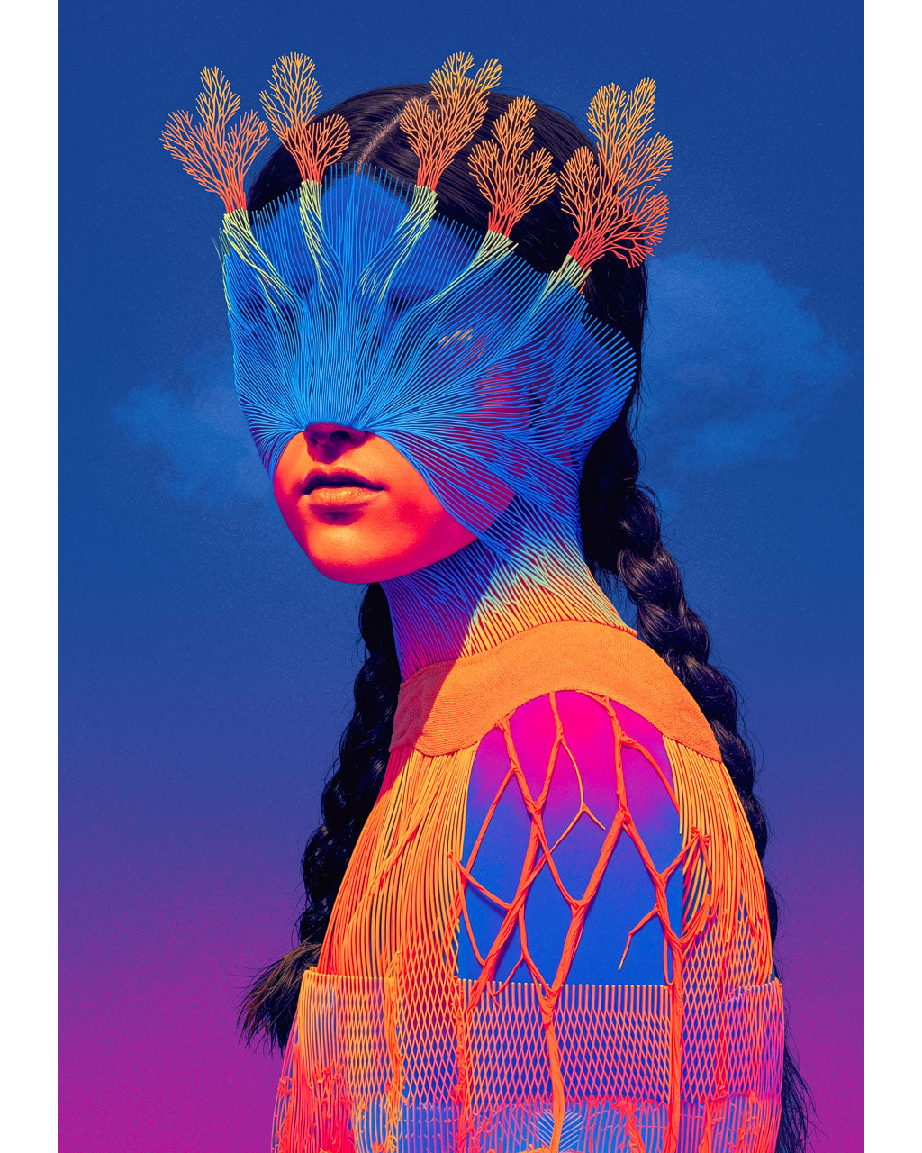Surreal portrait of a woman with her eyes covered by blue linear patterns and coral-like branches growing from her head against a deep blue background.