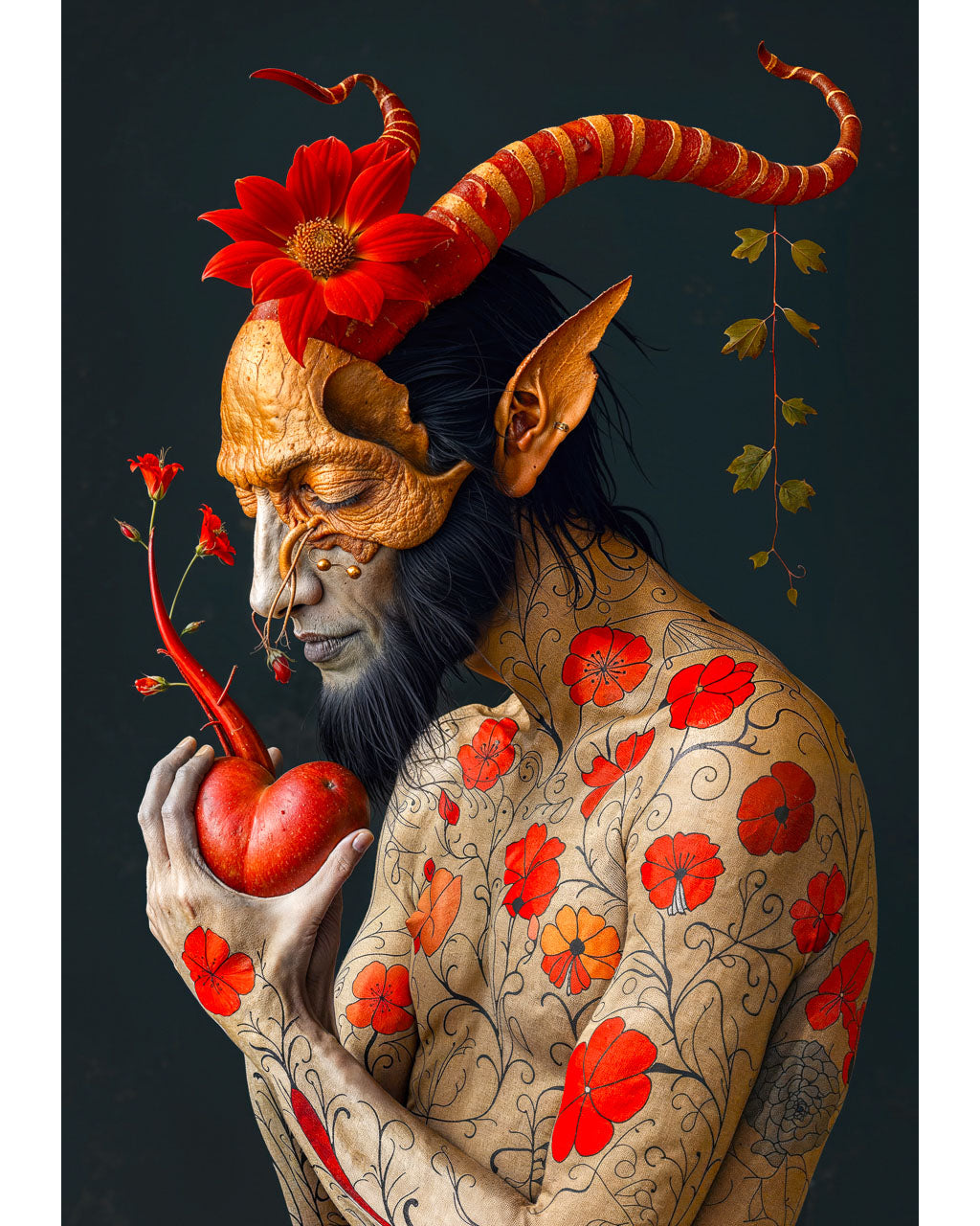 Surreal devil figure holding a red heart-shaped fruit, adorned with flowers.