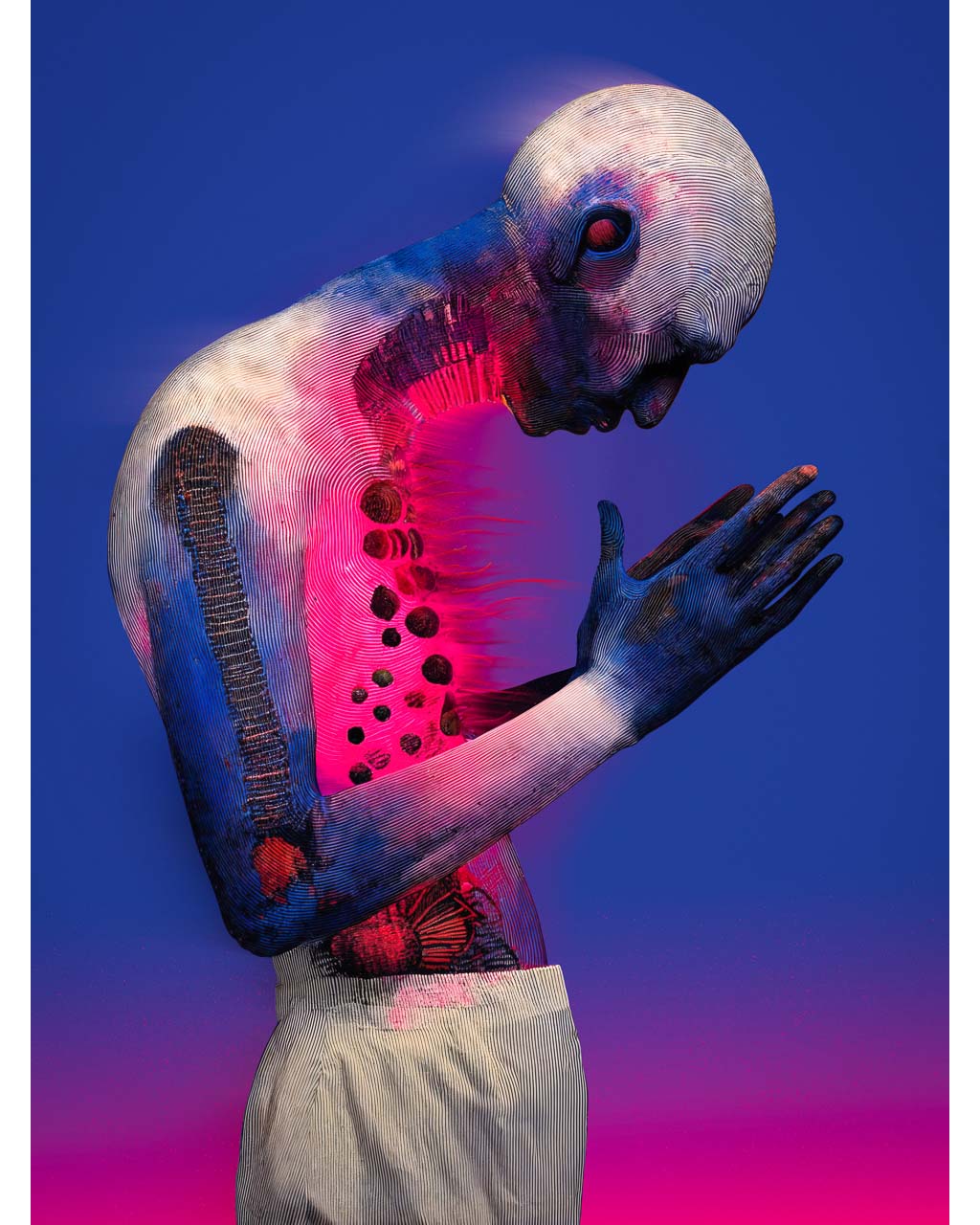 Surreal portrait of a praying hybrid figure glowing from within, symbolising blind devotion and inner conflict, with intricate details.