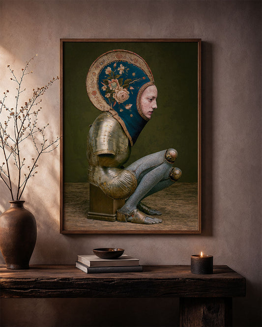 Disarmed surreal art poster displayed in a warm, rustic interior