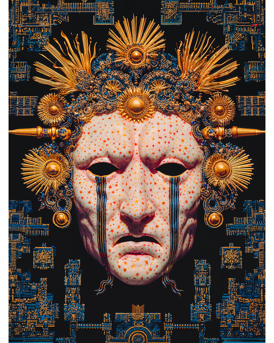 Ornate white ceremonial mask with gold halo elements and blue circuitry patterns on a dark background.