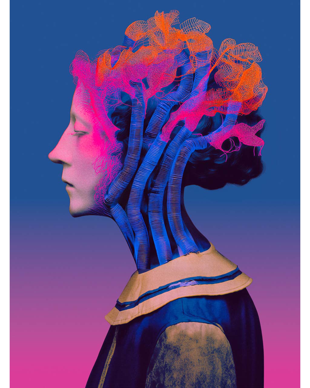 Artistic depiction of a person with futuristic, wireframe-style hair against a gradient background