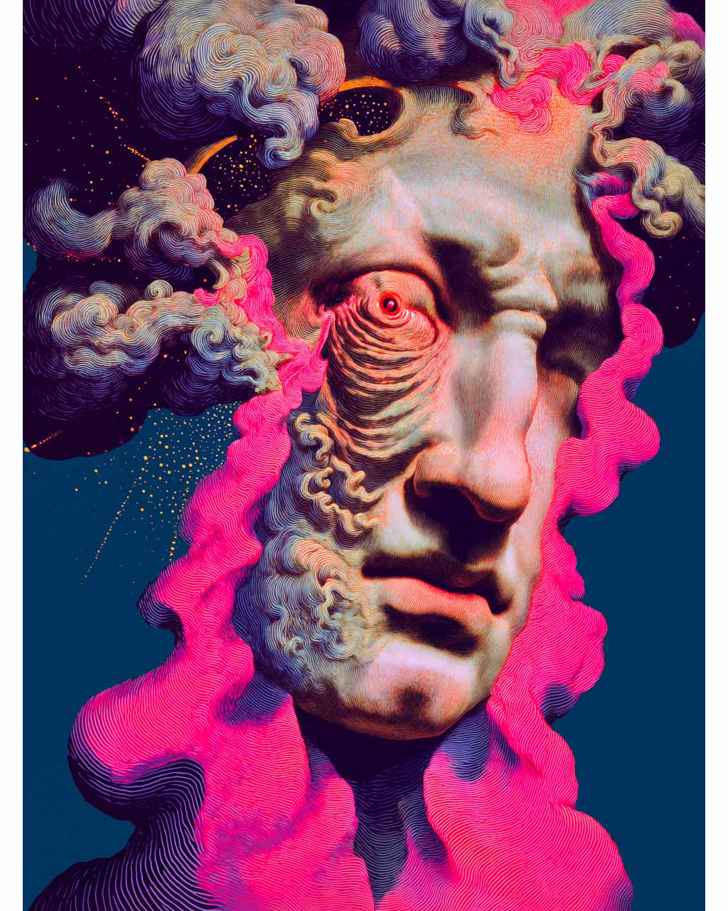 Artistic depiction of a face with a red eye surrounded by colorful abstract elements on a dark blue background.