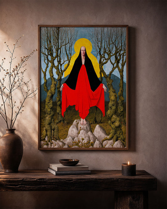 Framed The First Wytch surreal wall art print displayed in a warm contemporary interior with natural wood and candlelight.