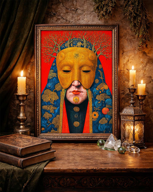 The Gilded Keeper surreal art poster displayed in an ornate frame on a rustic table with candles and antique decor.
