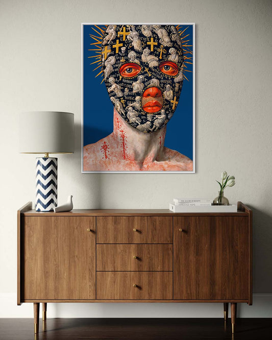 Modern interior with a wooden sideboard, lamp, and abstract art on the wall.