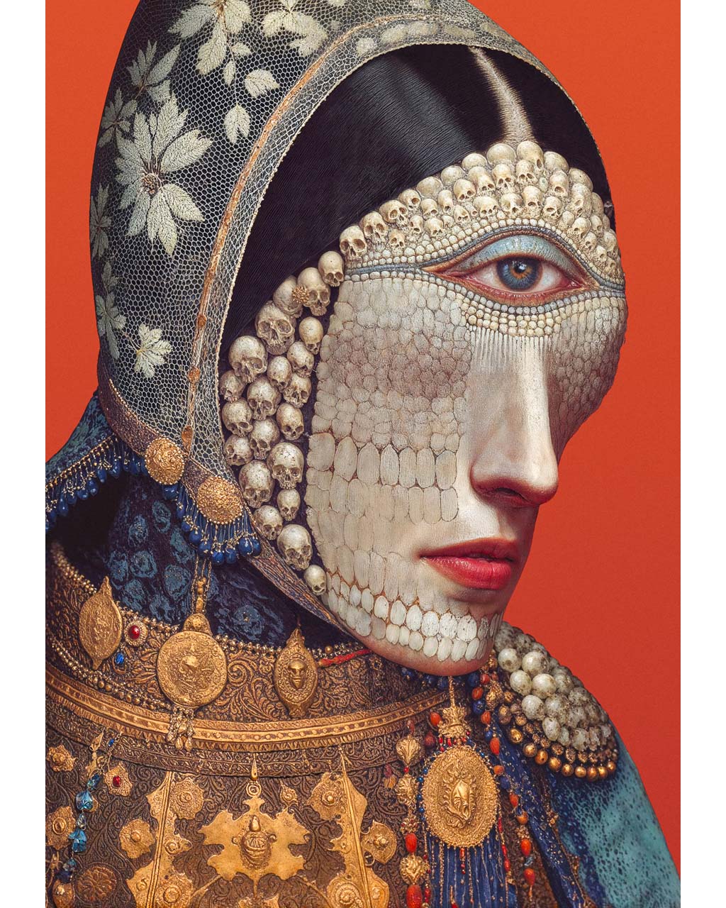 Surreal art portrait with skull textures and intricate details on red background.
