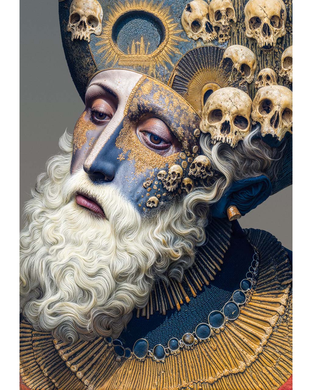 Surreal art portrait with skull crown and gold textures on muted background