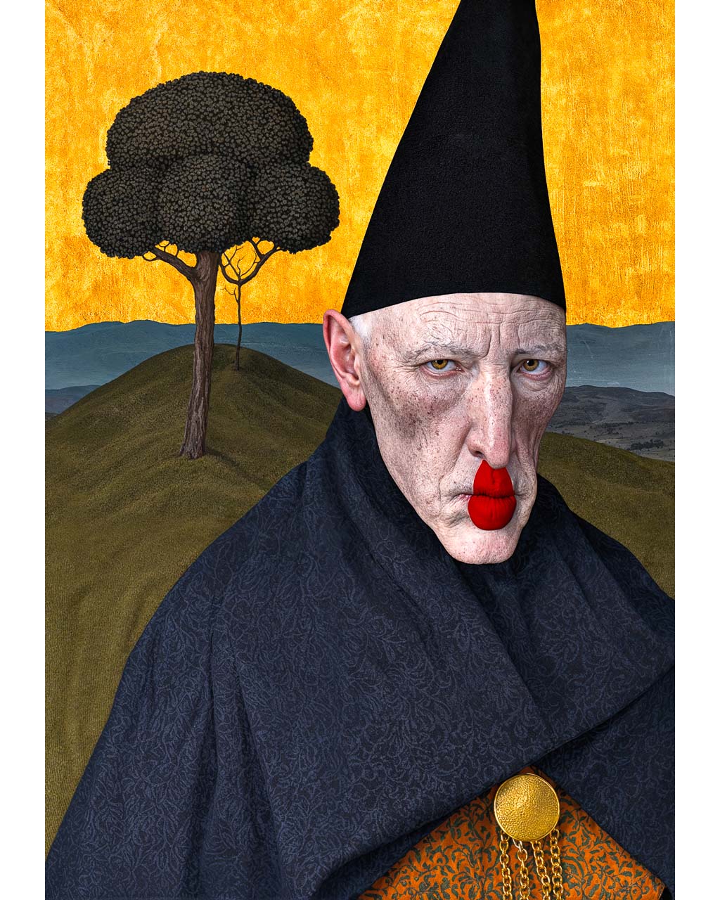 The Hollow Keeper surreal occult-inspired wall art featuring a solemn figure in a dark robe beneath a golden sky with a solitary tree.