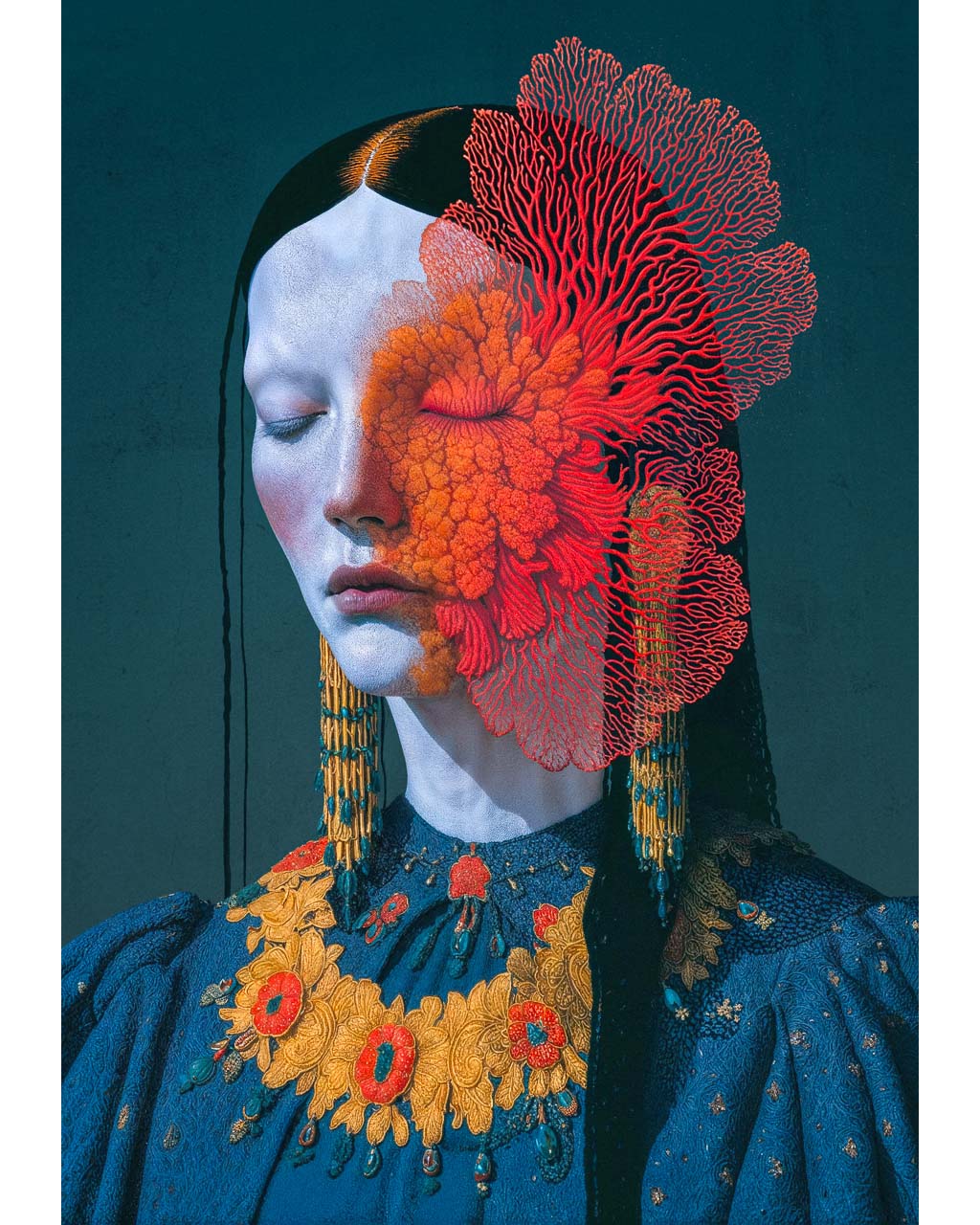 Artistic portrait with floral and coral elements overlayed on a person's face against a dark background.