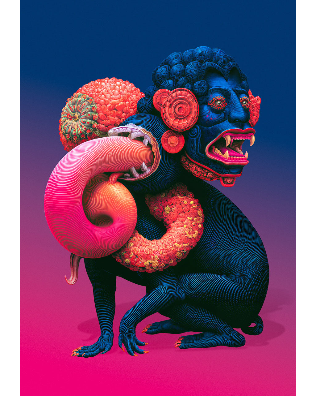 Colourful surreal creature with deep blue skin, vivid pink organic growths and intricate engraved textures against a blue and magenta background.