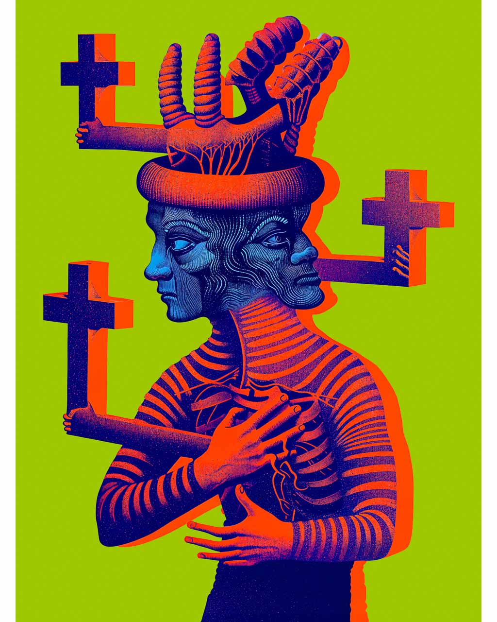 Art poster featuring a vibrant cross-covered figure with two faces against bright green background.