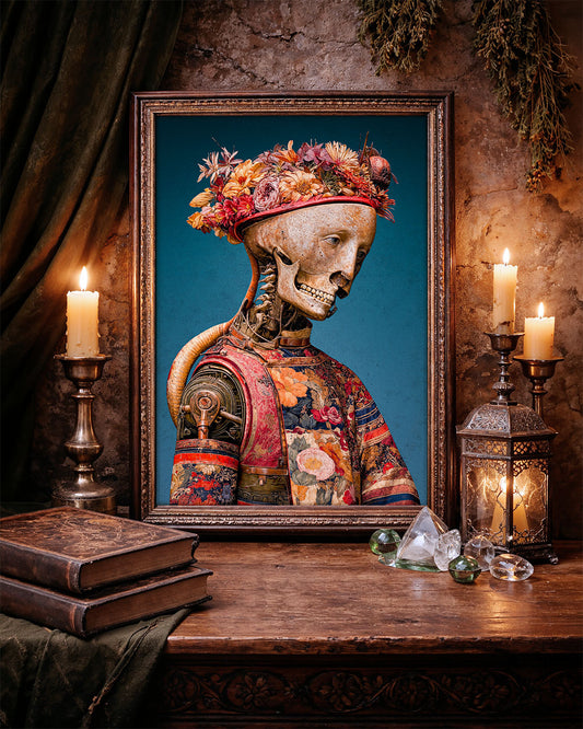 The Last Bouquet surreal art poster framed in a dark candlelit interior.
