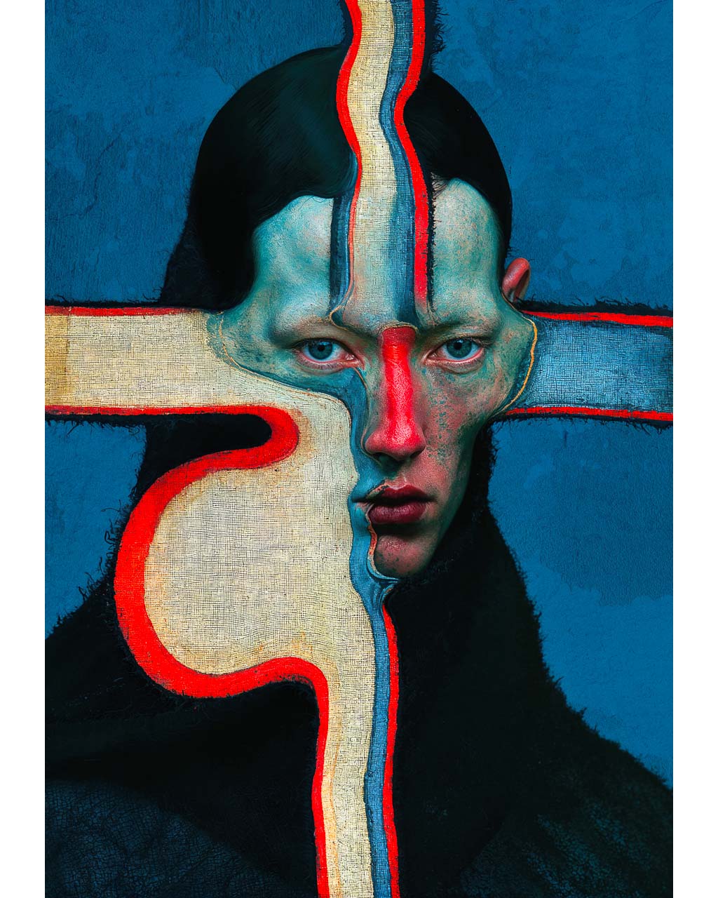 Surreal portrait art print with distorted face, abstract geometric forms and vivid blue and red details.