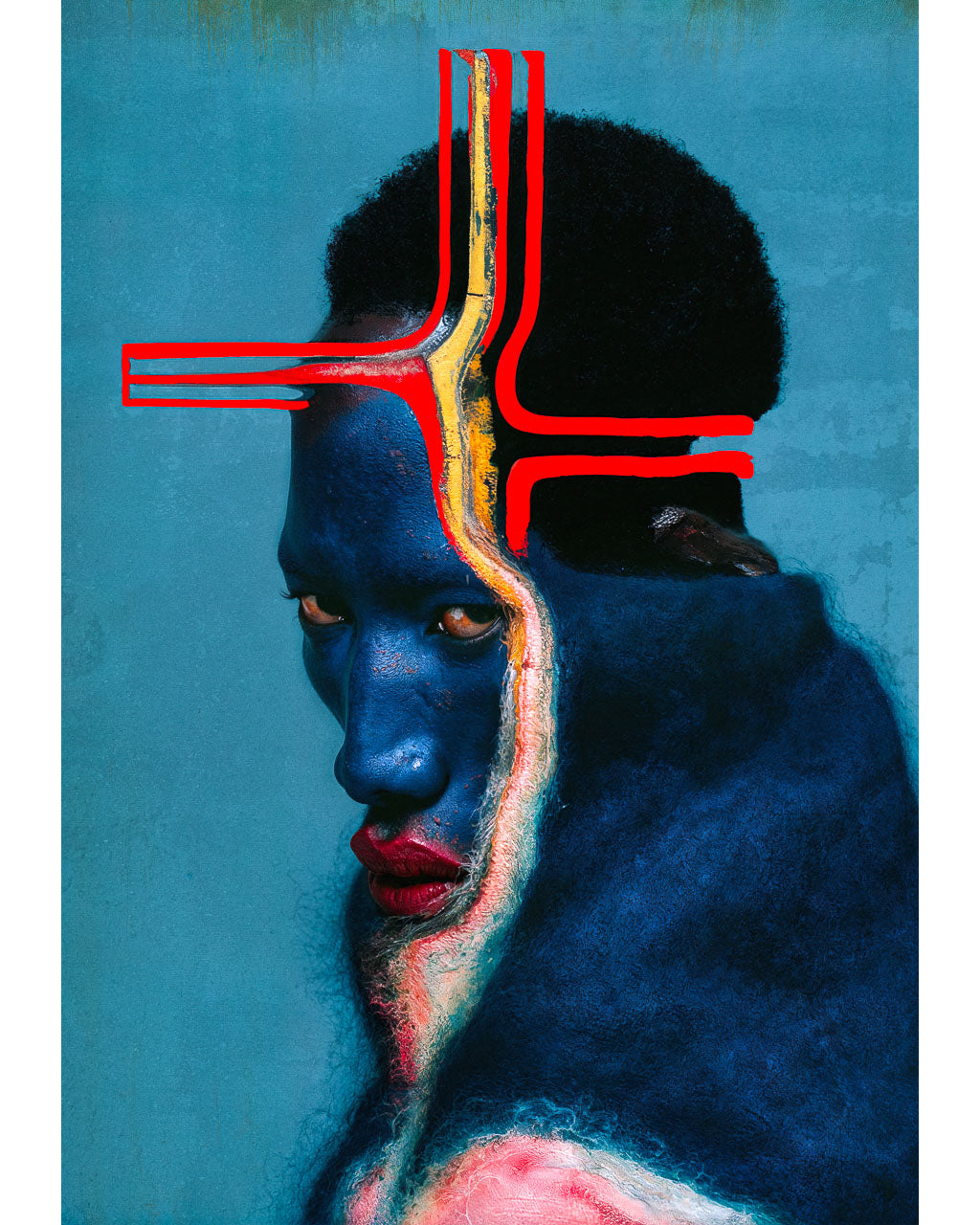 A surreal portrait art print featuring a distorted blue figure with bold red geometric lines on a textured blue background.
