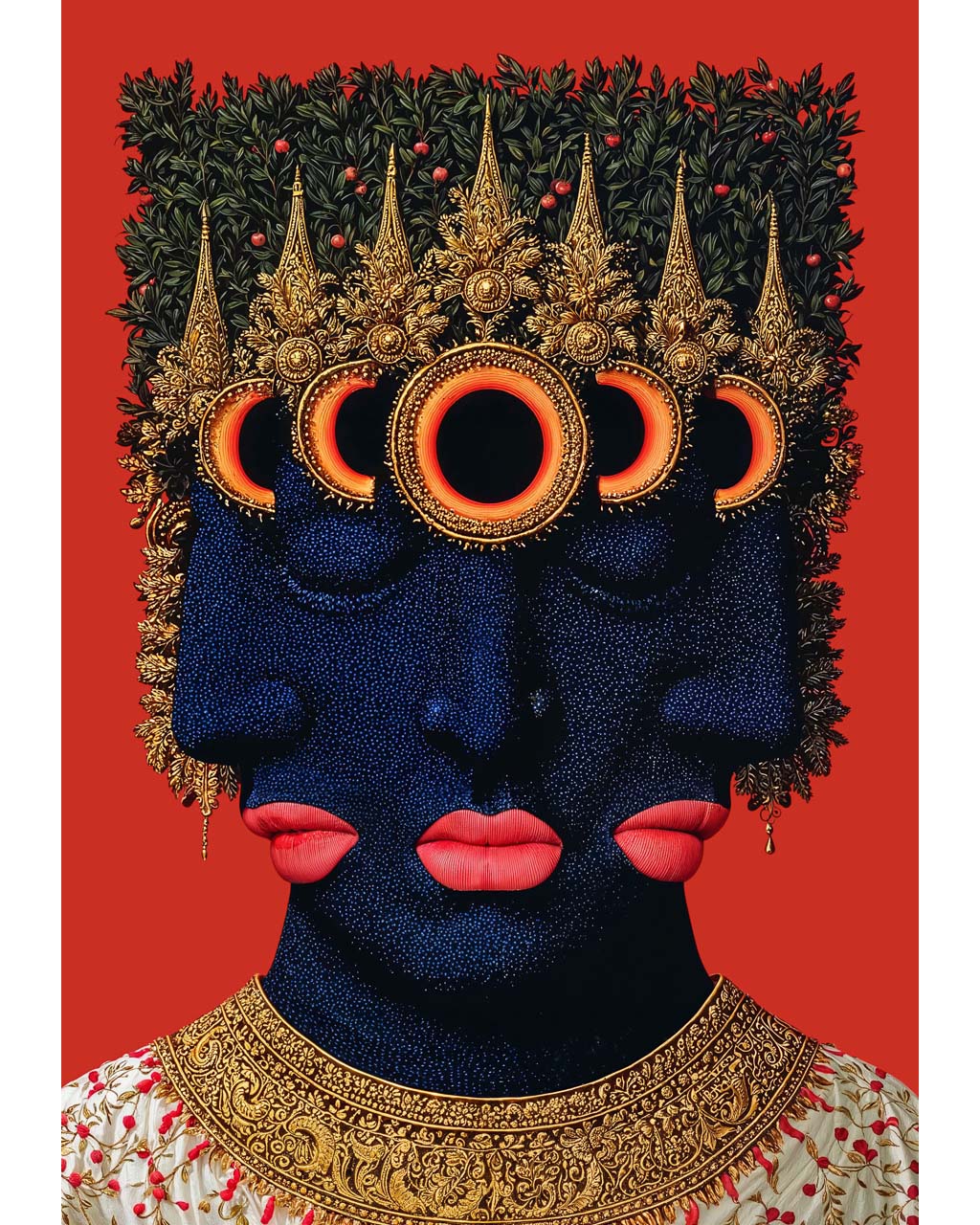 Surreal portrait of a dark blue three-faced figure with closed eyes, red lips and ornate gold eclipse headpiece against a red background.
