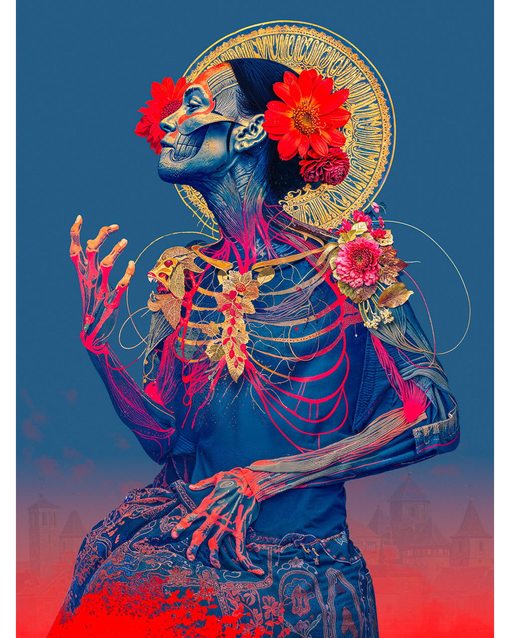 Surreal portrait of a woman with exposed red veins, skeletal facial details, large red flowers in her hair and a golden halo behind her head against a blue background.