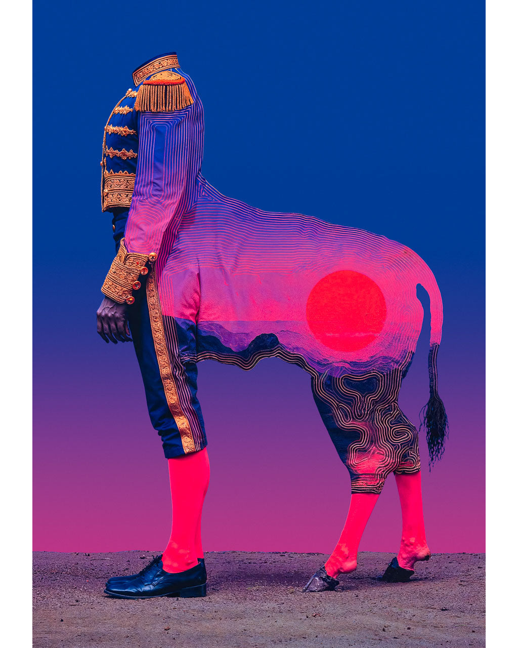 Surreal headless figure in a blue matador style uniform merged with the body of a horse.