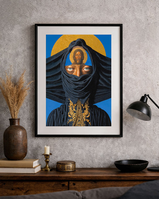 Rent Free surreal art poster in a black frame on a concrete wall above a wooden cabinet