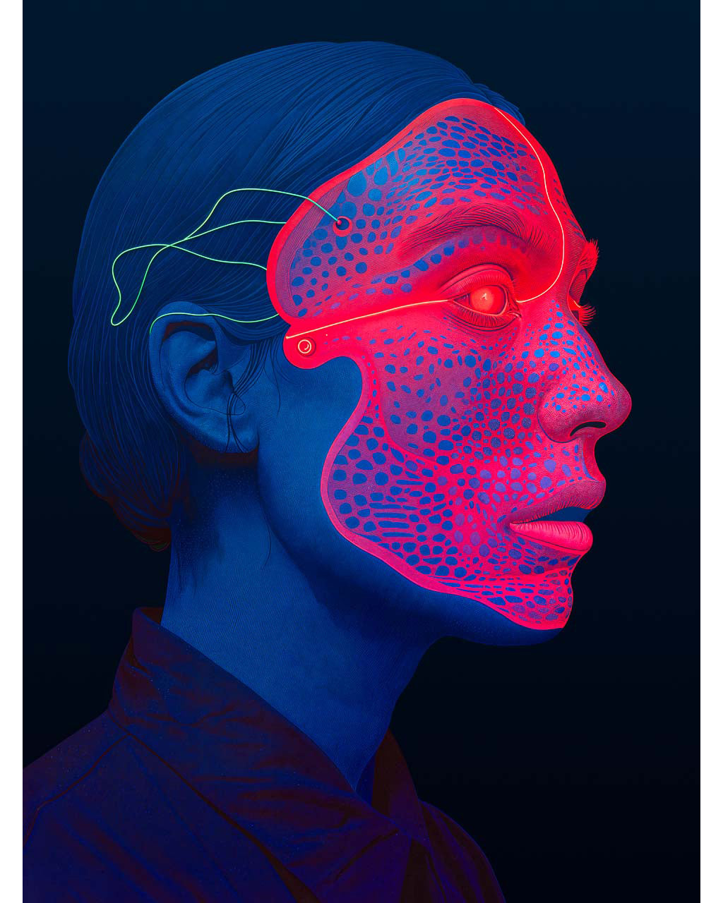 Surreal side profile portrait of a person wearing a glowing digital mask, in blue and red neon colours.