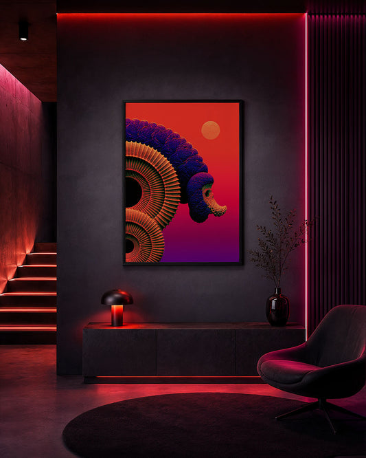Framed Seed Probe 001 poster displayed in a dark futuristic room with red neon lighting.