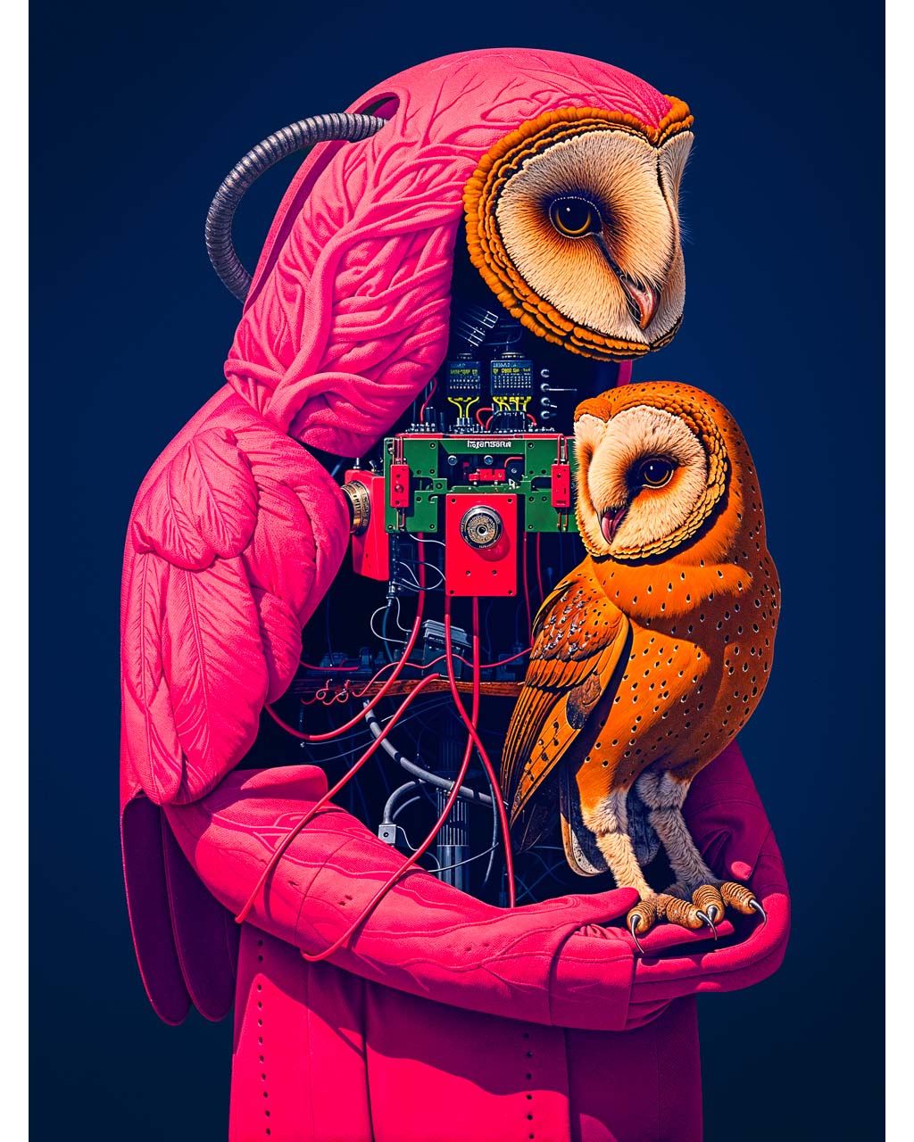 Surreal art poster featuring a mechanical owl protecting a smaller owl, surrounded by intricate details and vibrant colors.