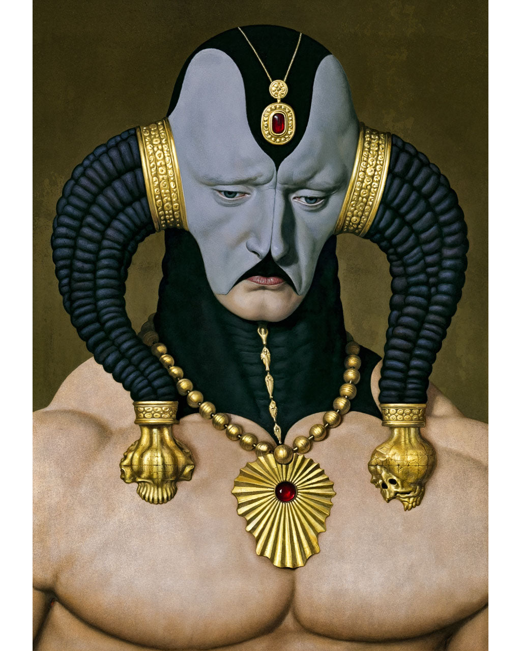 The Regent – surreal art print featuring a pale ceremonial figure with black horn-like forms, gold jewellery and red gemstone details.
