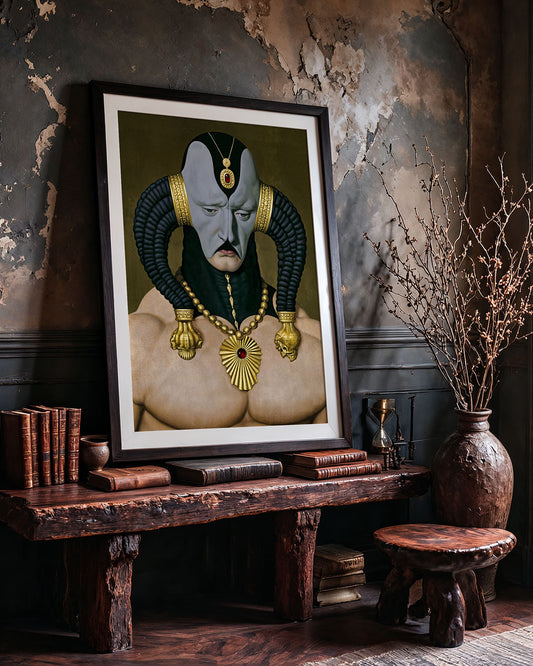 The Regent framed art print displayed in a dark, rustic interior with weathered walls and wooden furniture.