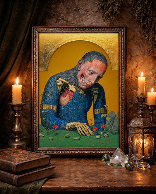 The Tormented surreal art poster displayed in a dark, gothic interior setting with candles.