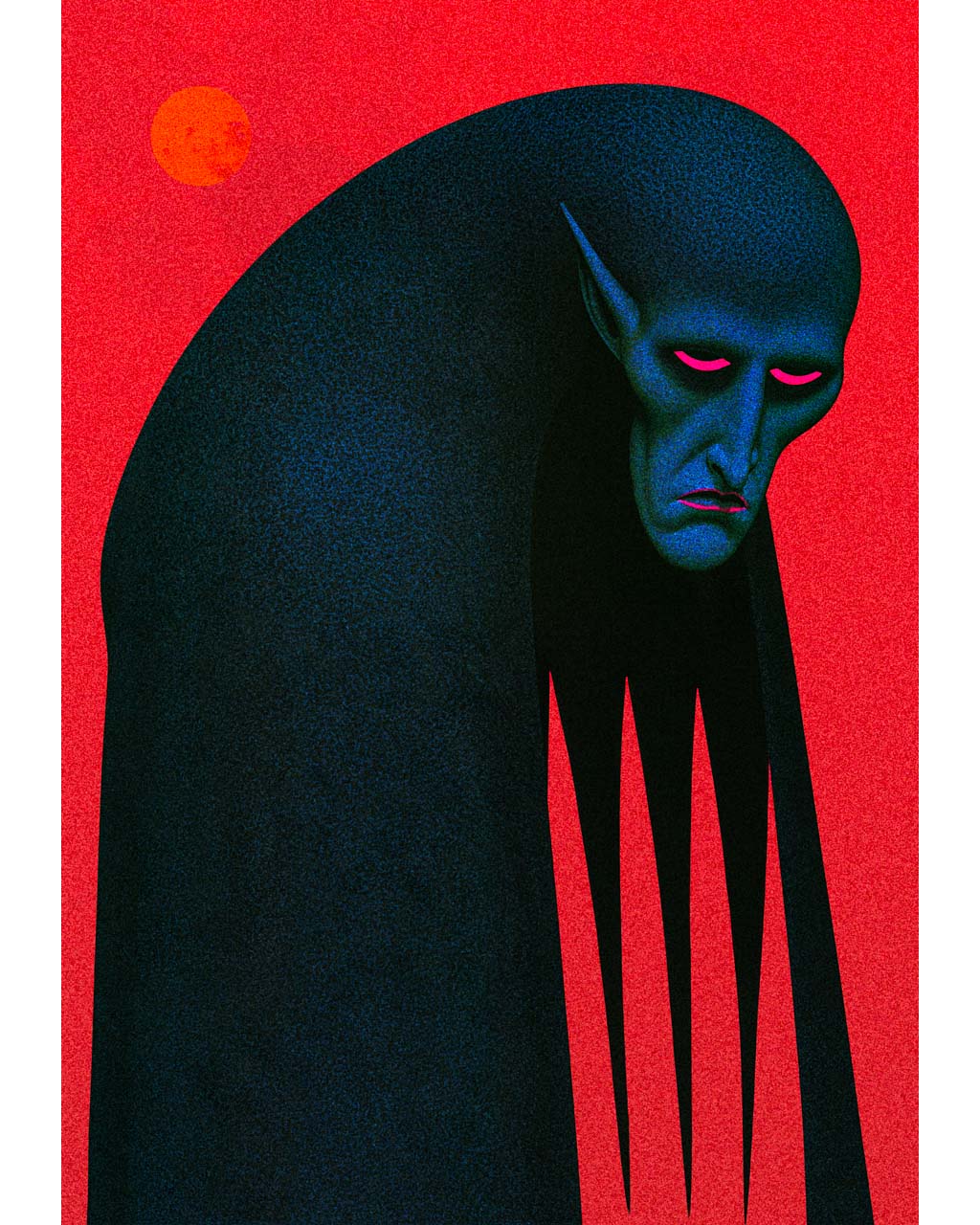 An Uninvited Guest gothic surreal art print featuring a sinister blue-faced figure with an elongated black body, glowing pink eyes and a small orange moon against a vivid red background.