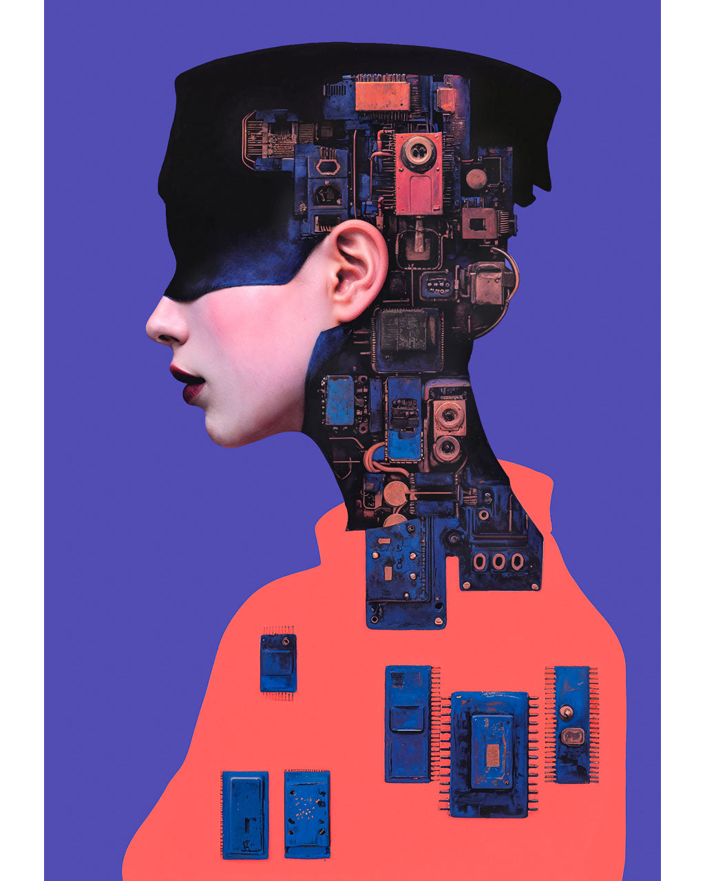 Profile portrait of a blindfolded figure with mechanical components forming the head and neck against a purple background.