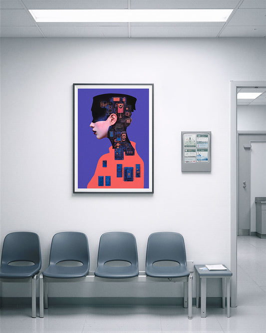 Updates Pending poster hanging on a pale grey medical waiting room wall above a row of plastic chairs.