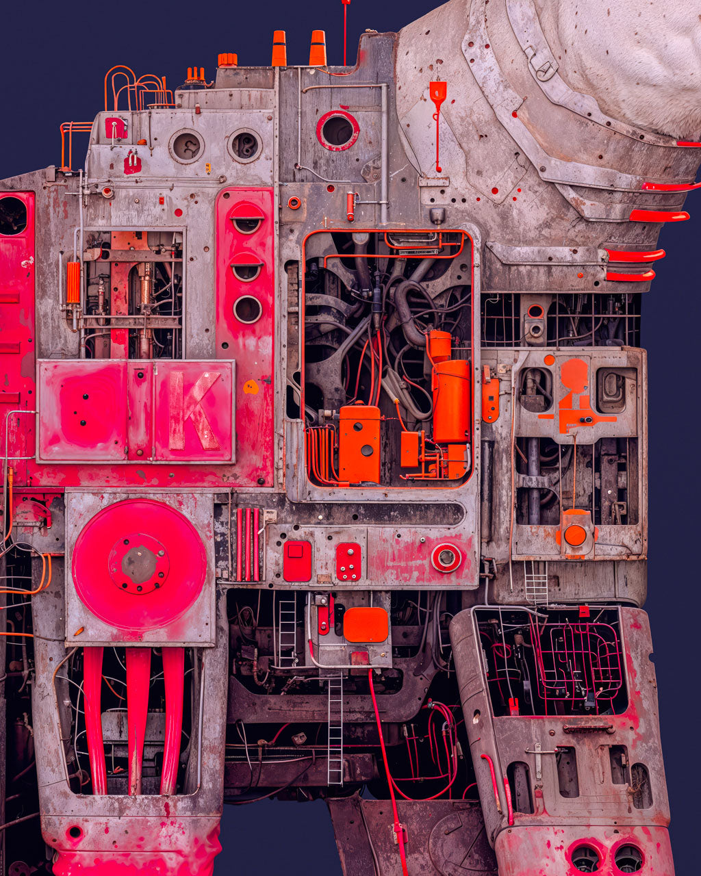 Close-up of a surreal mechanical bear artwork showing industrial panels, exposed wires and glowing red components.