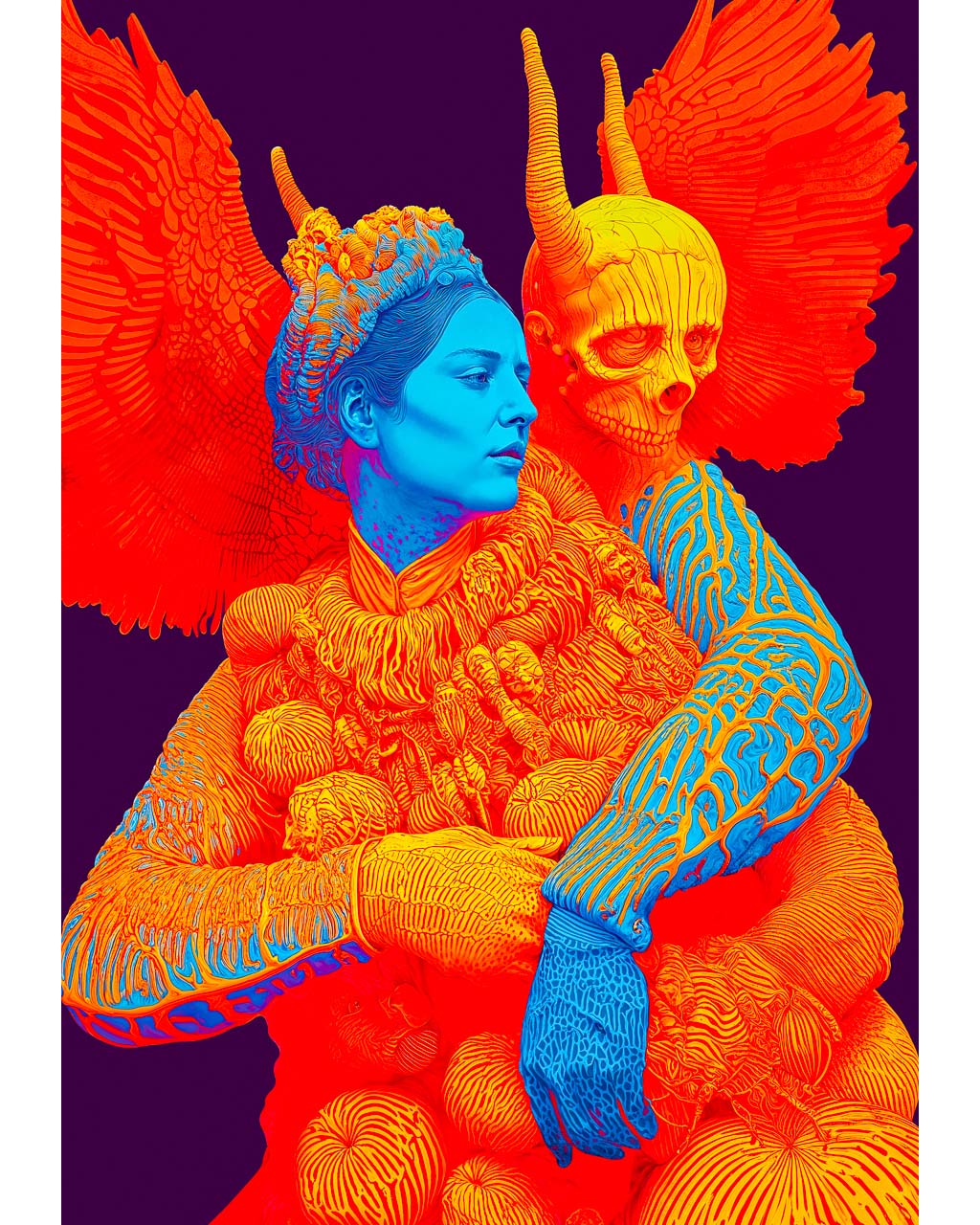 Surreal art poster with a blue-faced figure, winged skull figure and vivid orange details