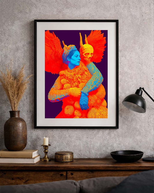 Framed Vibrant Dreams surreal art poster on a textured wall above a wooden cabinet