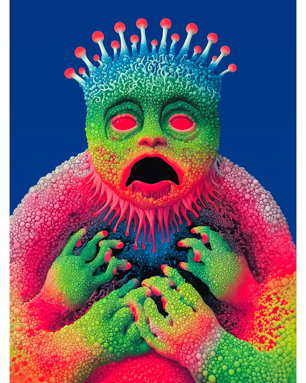 Surreal artwork with a germ-like figure, vibrant colours and intricate details.