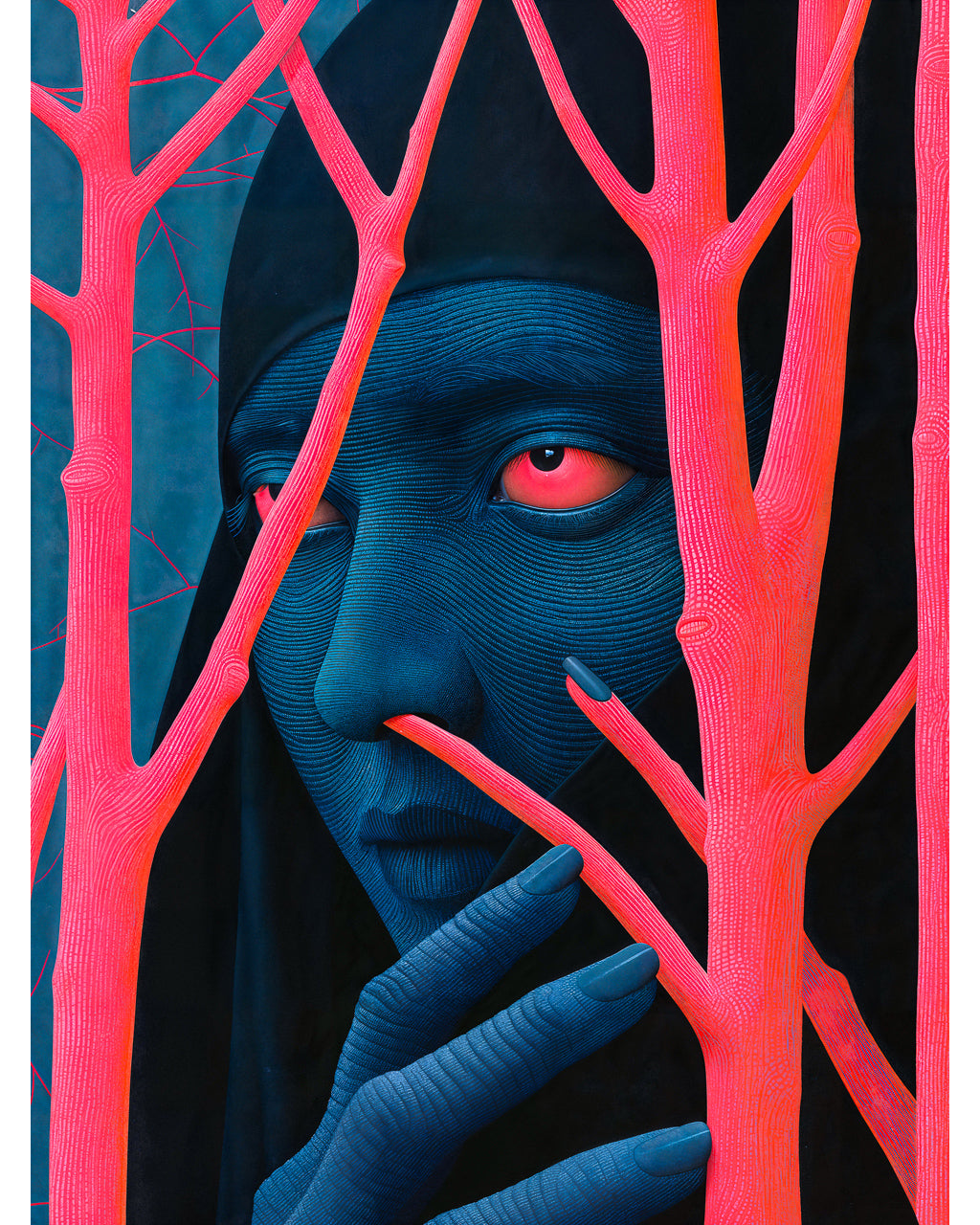 Surreal art poster featuring a mysterious blue woman hiding behind pink tree branches.