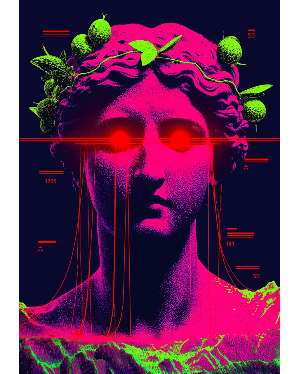 Surreal art poster with a neon pink classical bust, glowing red eyes and green leaves