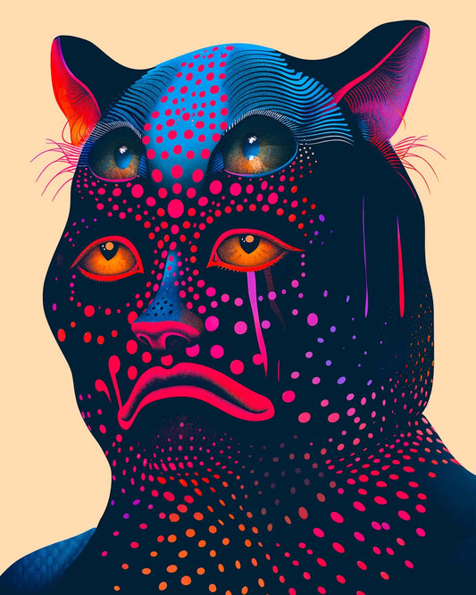 Surreal artwork of a sad multi-eyed creature, filled with vibrant dots, titled 1000 Dollar Bill.