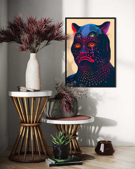 Surreal artwork of a sad multi-eyed creature, filled with vibrant dots, titled 1000 Dollar Bill, displayed in a modern setting.