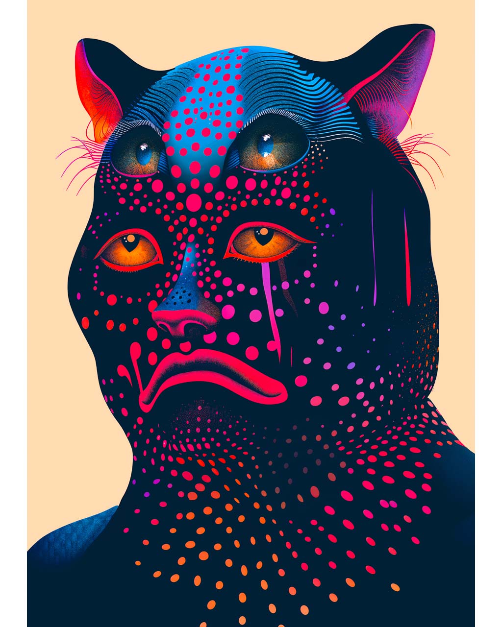 Surreal artwork of a sad multi-eyed creature, filled with vibrant dots, titled 1000 Dollar Bill.