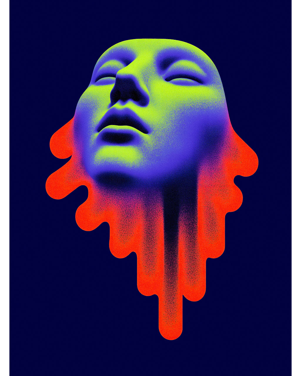 Surreal neon art poster of a floating face in green, blue and red-orange on a dark navy background.