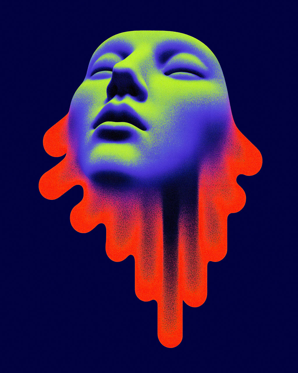 Surreal neon art poster of a floating face in green, blue and red-orange on a dark navy background.