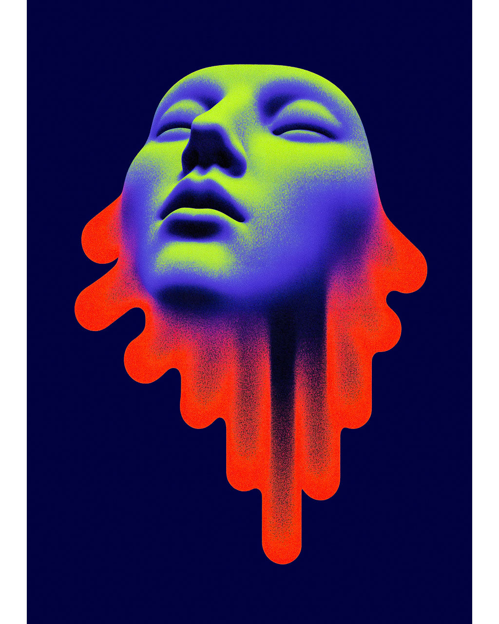 Surreal neon art poster of a floating face in green, blue and red-orange on a dark navy background.