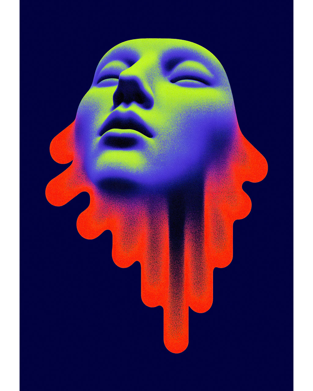 Surreal neon art poster of a floating face in green, blue and red-orange on a dark navy background.