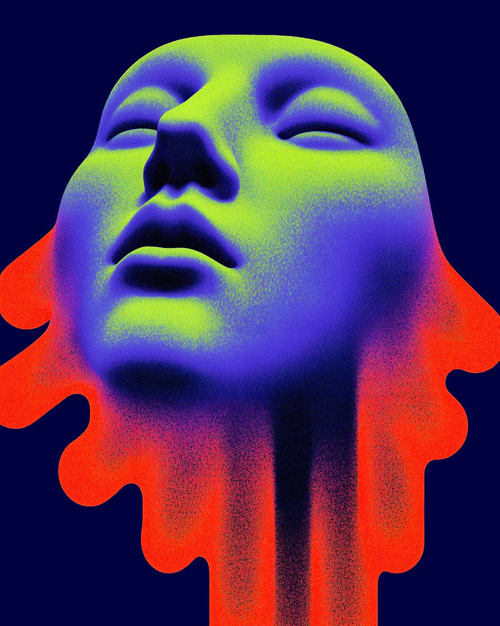 Close-up of the Acid Saint artwork showing a neon green and blue face with red-orange dripping shapes.