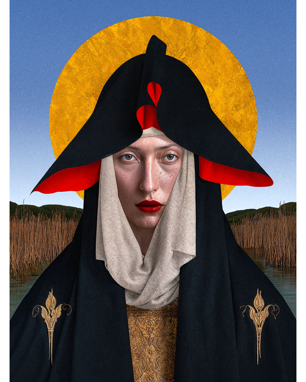 The Ash Mother surreal wall art print depicting a solemn hooded figure with a golden halo, red accents, and a quiet marsh landscape.